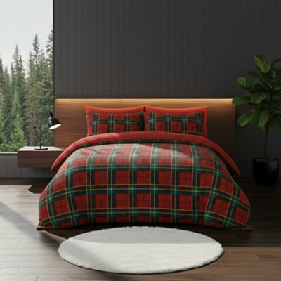 Ultra Soft Teddy Duvet Cover Tartan Check Reversible Fleece Bedding Red from B&Q