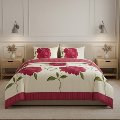 Reversible Floral Duvet Set Elegant Flower Stripe Pattern Bedding For Home Decor Fuchsia from B&Q