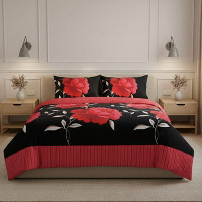 Reversible Floral Duvet Set Elegant Flower Stripe Pattern Bedding For Home Decor Red from B&Q