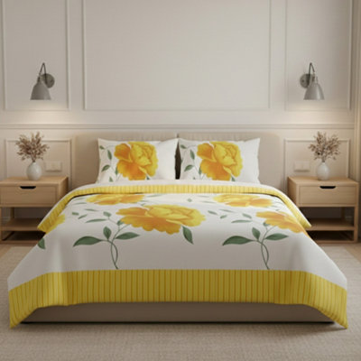Reversible Floral Duvet Set Elegant Flower Stripe Pattern Bedding For Home Decor Yellow from B&Q