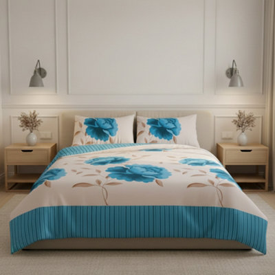 Reversible Floral Duvet Set Elegant Flower Stripe Pattern Bedding For Home Decor Teal from B&Q