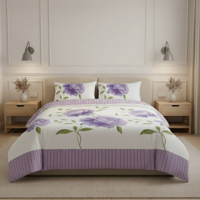 Reversible Floral Duvet Set Elegant Flower Stripe Pattern Bedding For Home Decor Lilac from B&Q