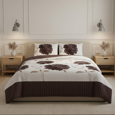 Reversible Floral Duvet Set Elegant Flower Stripe Pattern Bedding For Home Decor Chocolate from B&Q