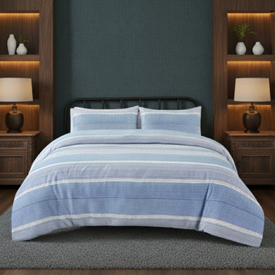 Duvet Cover And Pillowcase Set Stripe Monochrome Design Polycotton Bed Linen Blue from B&Q
