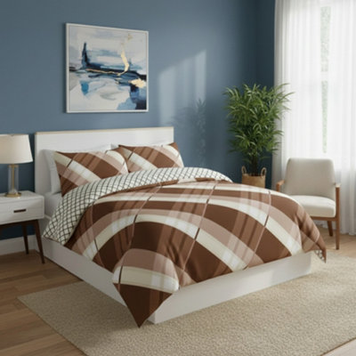 Modern Reversible Duvet Cover Stylish Geometric Pattern Bedding For Bedroom Brown from B&Q