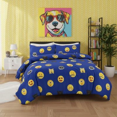 Emoji Print Duvet Cover Set Cool Playful Bedding With Pillowcases Blue from B&Q