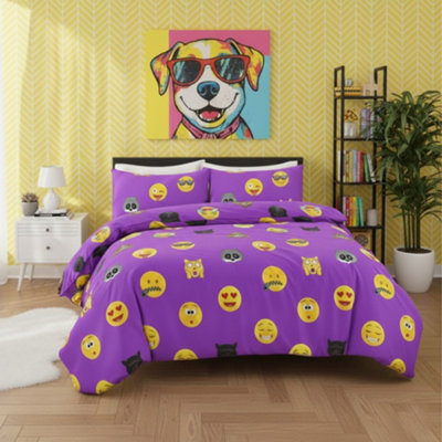Emoji Print Duvet Cover Set Cool Playful Bedding With Pillowcases Lilac from B&Q