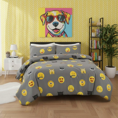 Emoji Print Duvet Cover Set Cool Playful Bedding With Pillowcases Grey from B&Q