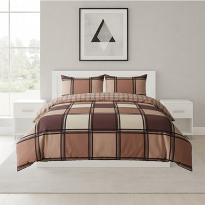 Box Print Duvet Cover Set Contemporary Square Pattern Bedding Chocolate from B&Q