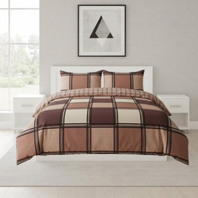 Box Print Duvet Cover Set Contemporary Square Pattern Bedding Chocolate from B&Q