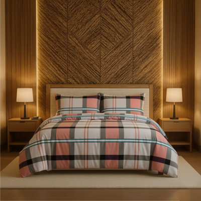 Duvet Cover And Pillowcase Set Tartan Check Design Polycotton Bed Linen Pink from B&Q