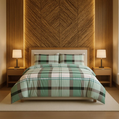 Duvet Cover And Pillowcase Set Tartan Check Design Polycotton Bed Linen Green from B&Q