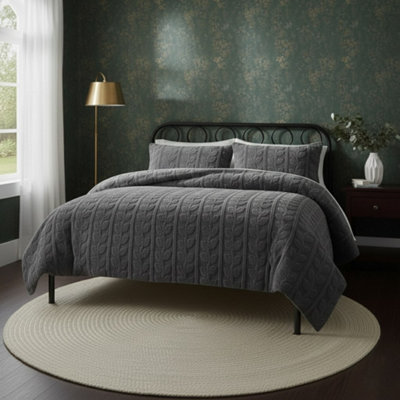 Ultra Soft Teddy Duvet Cover Set Leaves Embossed Cozy Fleece Bedding Grey from B&Q