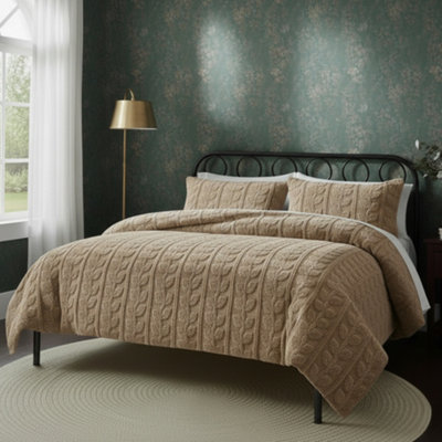 Ultra Soft Teddy Duvet Cover Set Leaves Embossed Cozy Fleece Bedding Beige from B&Q