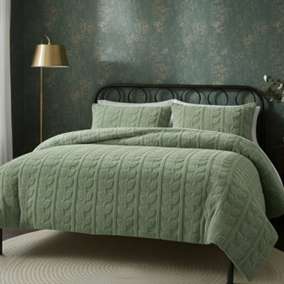 Ultra Soft Teddy Duvet Cover Set Leaves Embossed Cozy Fleece Bedding Green from B&Q