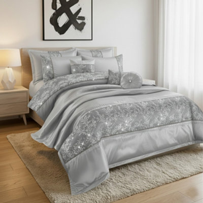 Embroidered Duvet Cover Set Luxury Bedding With Matching Accessories Silver from B&Q