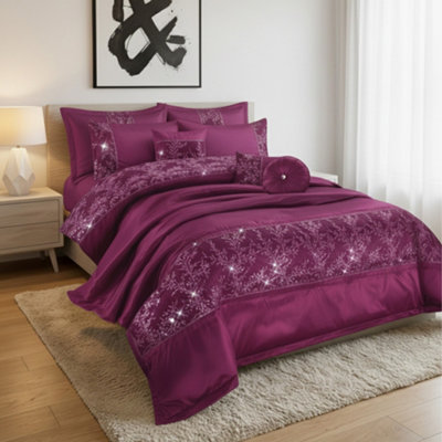 Embroidered Duvet Cover Set Luxury Bedding With Matching Accessories Purple from B&Q