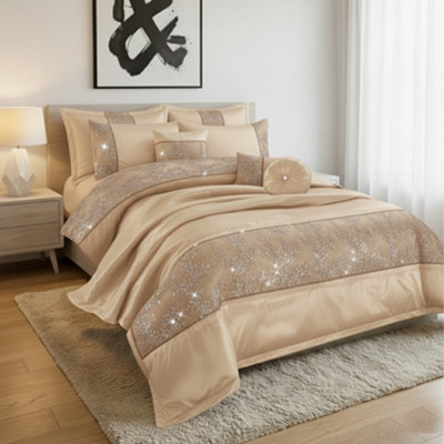 Embroidered Duvet Cover Set Luxury Bedding With Matching Accessories Beige from B&Q
