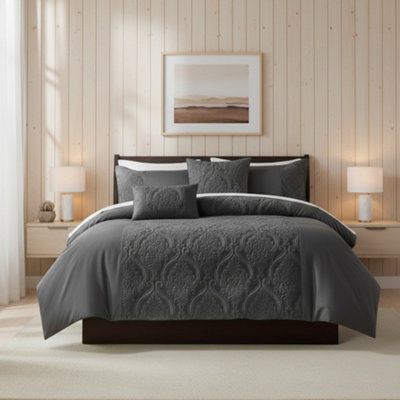 Damask Velvet Border Duvet Cover Elegant Soft Touch Luxury Bedding Grey from B&Q