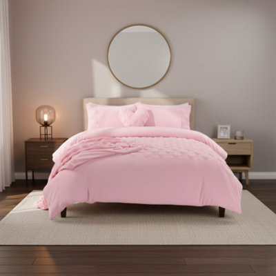 Super Soft Teddy Duvet Cover Set Heart Embossed Cozy Fleece Bedding Pink from B&Q