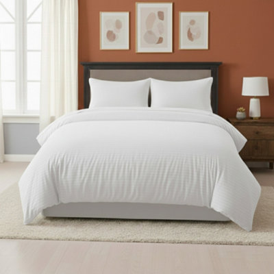 Embossed Stripe Duvet Cover Soft Microfibre Bedding With Pillowcases White from B&Q