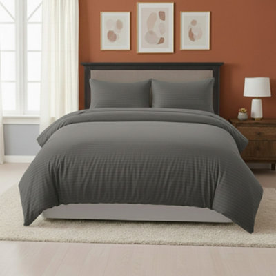 Embossed Stripe Duvet Cover Soft Microfibre Bedding With Pillowcases Grey from B&Q