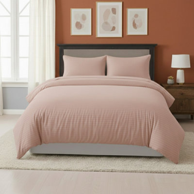 Embossed Stripe Duvet Cover Soft Microfibre Bedding With Pillowcases Pink from B&Q