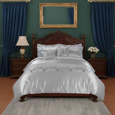 Duvet Cover Embroidery Set Luxury Bedding With Matching Pillowcases Silver from B&Q