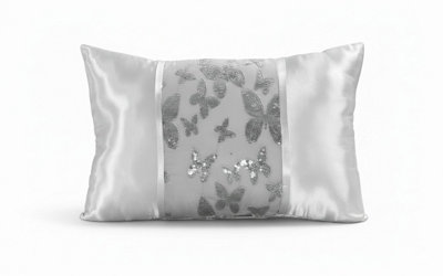 Oblong Butterfly Sequin Cushion Luxury Rectangular Decorative Accent Silver 45X30Cm from B&Q