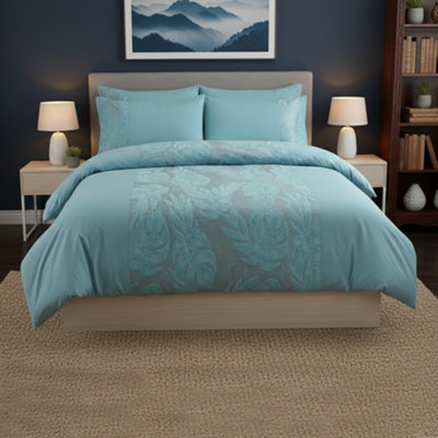Velvet Leaf Design Duvet Cover Elegant Soft Touch Luxury Bedding Blue from B&Q