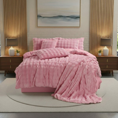 Rabbit Faux Fur Teddy Duvet Cover Set Ultra Soft Plush Bedding Pink from B&Q
