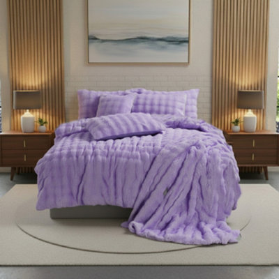Rabbit Faux Fur Teddy Duvet Cover Set Ultra Soft Plush Bedding Purple from B&Q