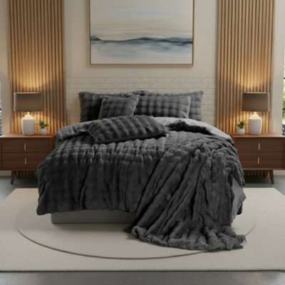 Rabbit Faux Fur Teddy Duvet Cover Set Ultra Soft Plush Bedding Grey from B&Q