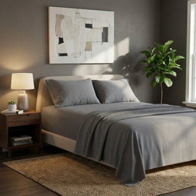 Soft Plain Brushed Cotton Fitted Flat Sheet Matching Pillowcases Set Grey from B&Q