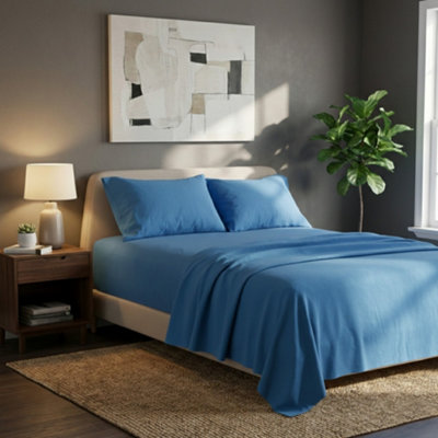 Soft Plain Brushed Cotton Fitted Flat Sheet Matching Pillowcases Set Blue from B&Q