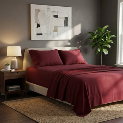 Soft Plain Brushed Cotton Fitted Flat Sheet Matching Pillowcases Set Red from B&Q