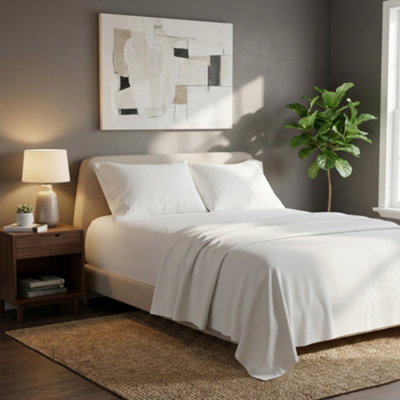 Soft Plain Brushed Cotton Fitted Flat Sheet Matching Pillowcases Set White from B&Q