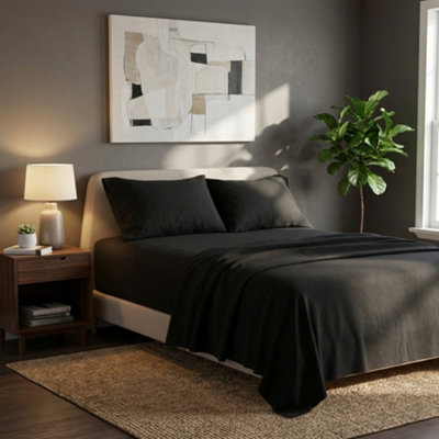 Soft Plain Brushed Cotton Fitted Flat Sheet Matching Pillowcases Set Black from B&Q