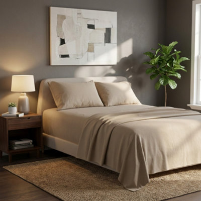 Soft Plain Brushed Cotton Fitted Flat Sheet Matching Pillowcases Set Beige from B&Q
