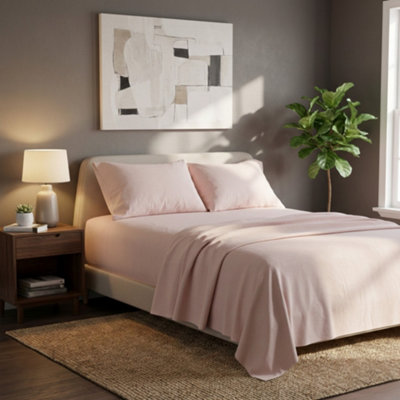 Soft Plain Brushed Cotton Fitted Flat Sheet Matching Pillowcases Set Pink from B&Q