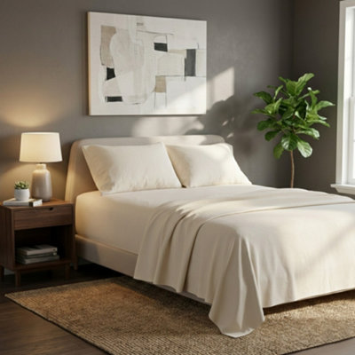 Soft Plain Brushed Cotton Fitted Flat Sheet Matching Pillowcases Set Cream from B&Q