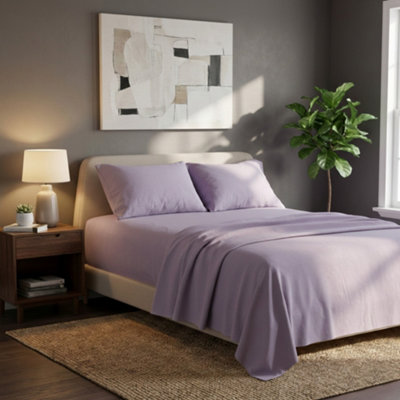 Soft Plain Brushed Cotton Fitted Flat Sheet Matching Pillowcases Set Lilac from B&Q