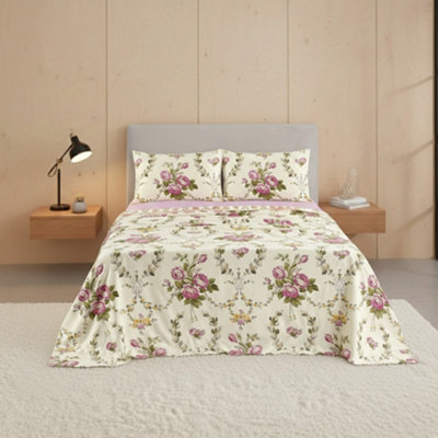 Soft Floral Brushed Cotton Fitted Flat Sheet And Matching Pillowcases Pink from B&Q