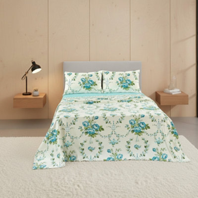 Soft Floral Brushed Cotton Fitted Flat Sheet And Matching Pillowcases Blue from B&Q