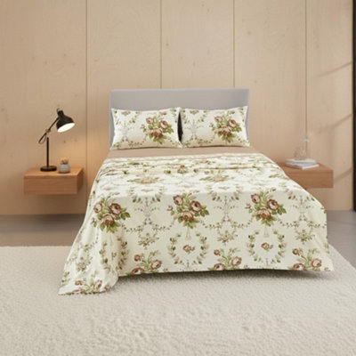 Soft Floral Brushed Cotton Fitted Flat Sheet And Matching Pillowcases Natural from B&Q