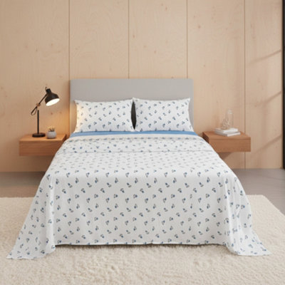 Soft Flower Print Brushed Cotton Fitted Flat Sheet And Matching Pillowcases Blue from B&Q