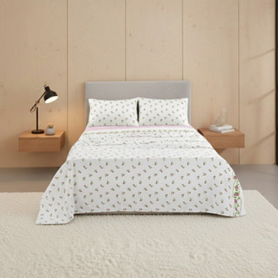 Soft Flower Print Brushed Cotton Fitted Flat Sheet And Matching Pillowcases Pink from B&Q