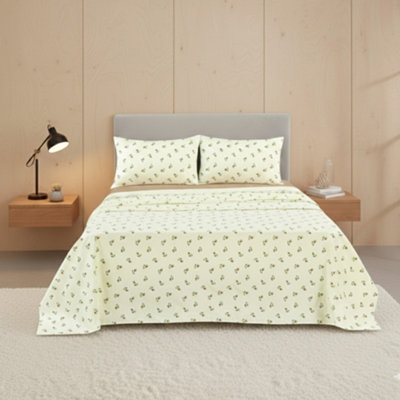 Soft Flower Print Brushed Cotton Fitted Flat Sheet And Matching Pillowcases Natural from B&Q