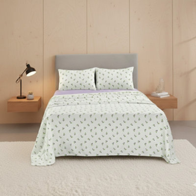 Soft Flower Print Brushed Cotton Fitted Flat Sheet And Matching Pillowcases Purple from B&Q