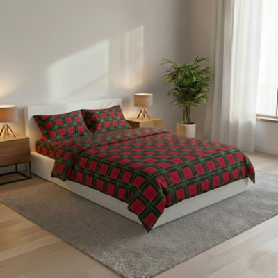 Thermal Flannelette Tartan Duvet Cover Set Warm Brushed Cotton Bedding Red from B&Q